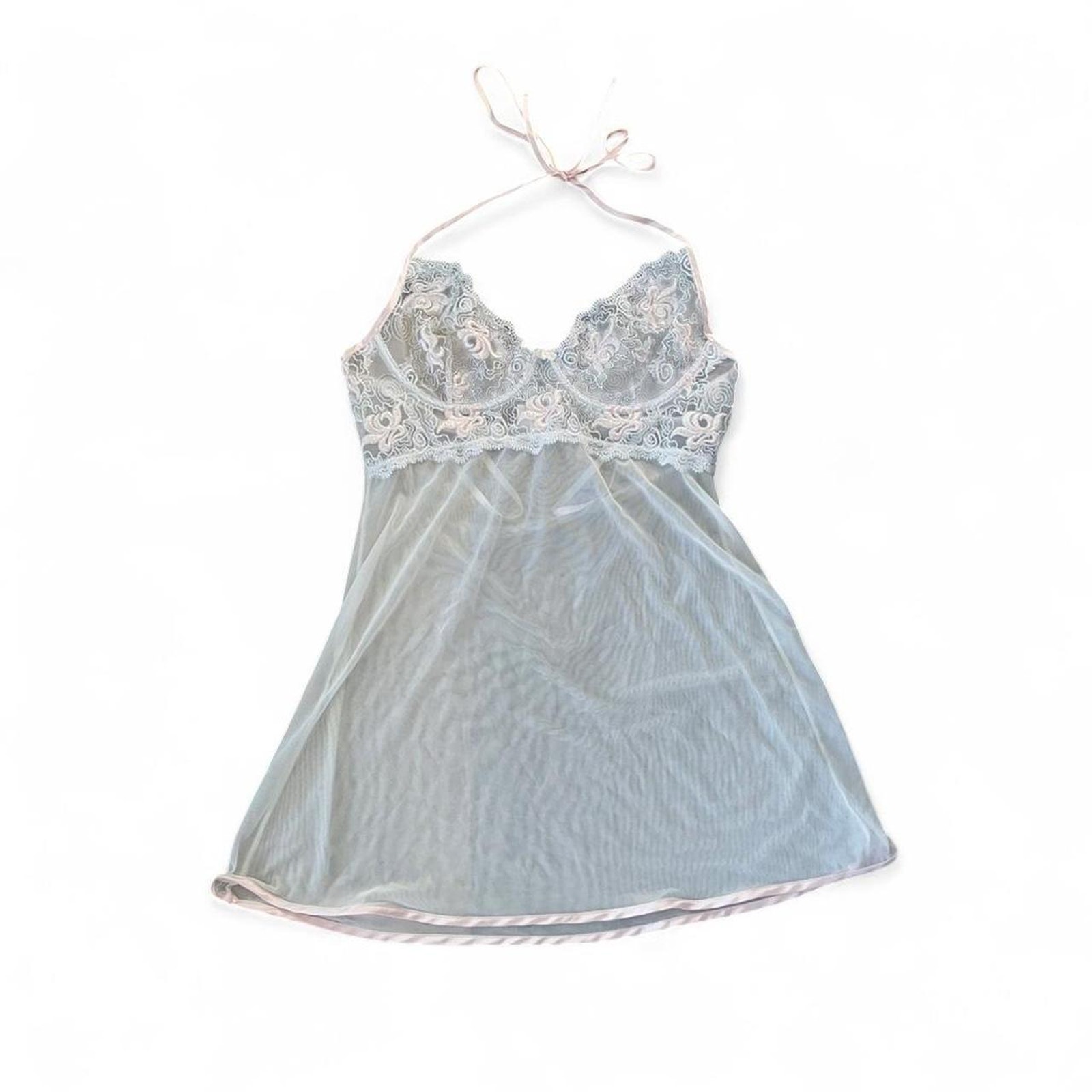 Vintage Dreamgirl White Lace Babydoll Slip Dress Top With Pink Ribbon Size S